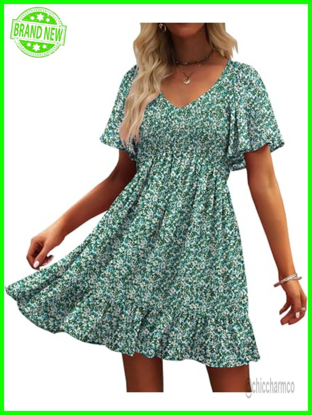 Smocked V-Neck Flutter Sleeve Sundress with Pockets